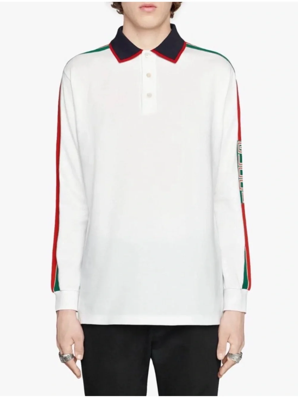 Gucci White Long-Sleeve Polo with Green & Red Shoulder Stripes